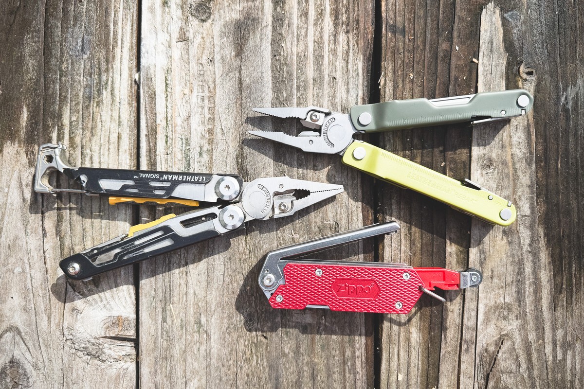 Multiple multi-tool brands including Leatherman Victorinox and Gerber for comparison