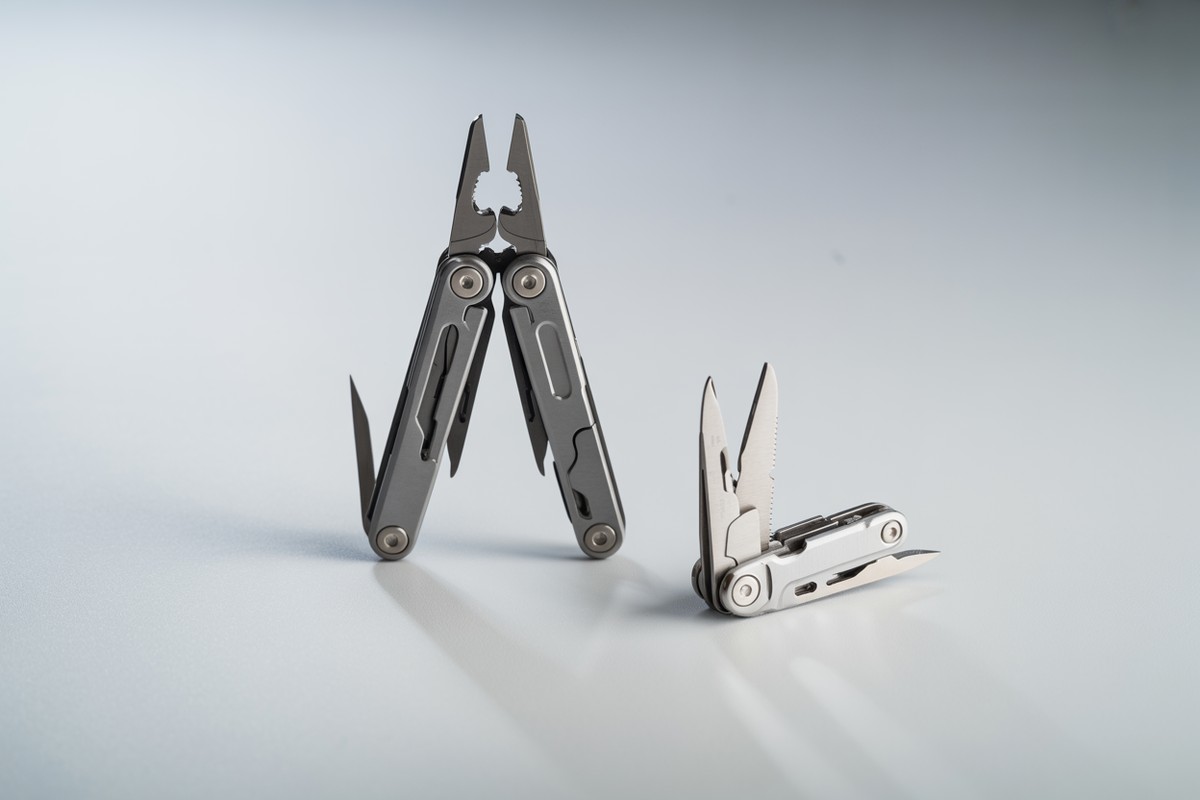 Full-size and compact multi-tools side by side showing size difference