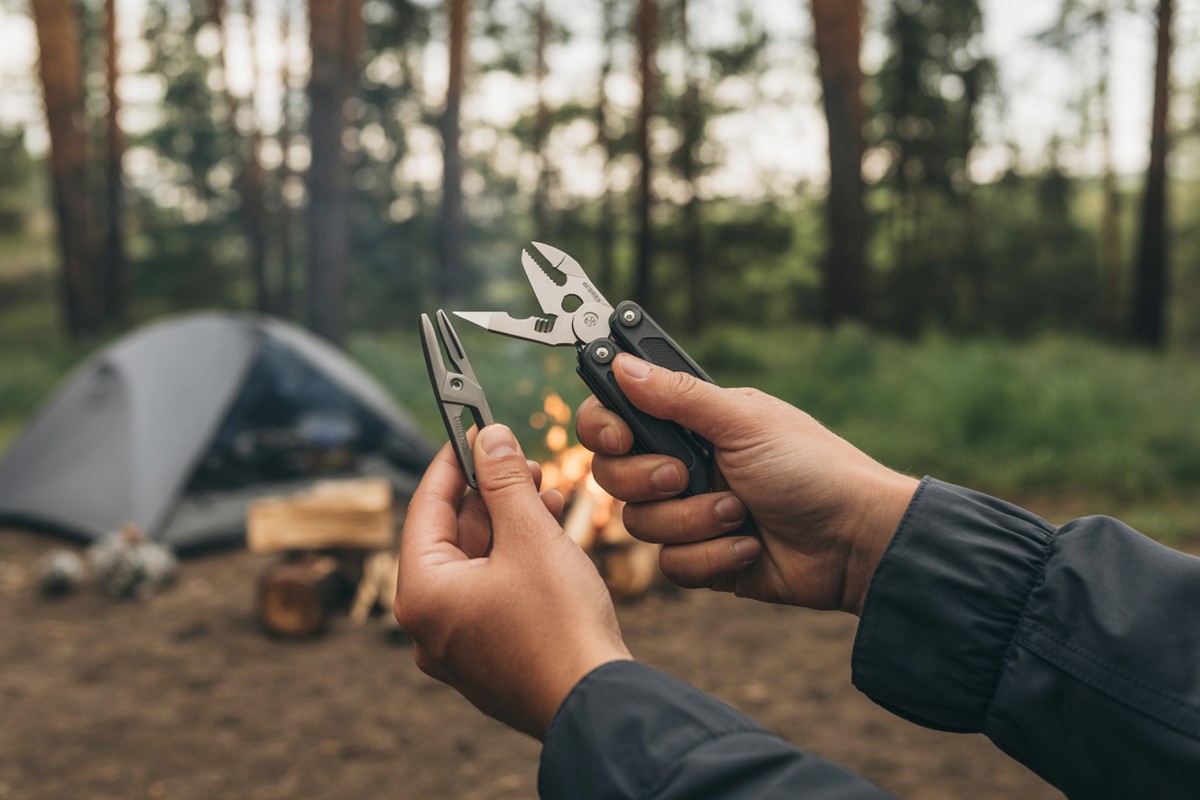 Multi-tool being used outdoors in a camping and forest setting