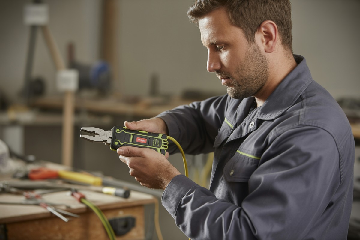 Professional tradesperson using a multi-tool on a job site